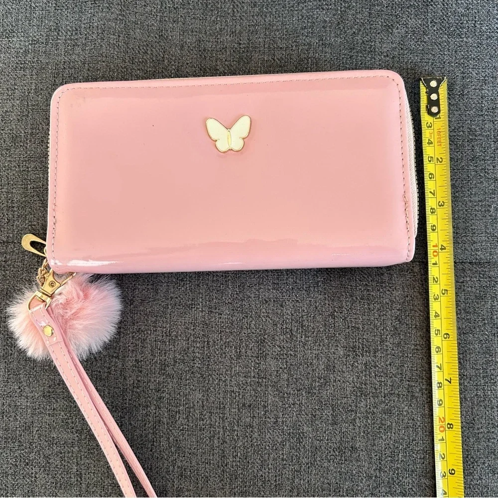 Pink Patent Butterfly Double Zip Around Wallet / Wristlet with Pom Pom Charm